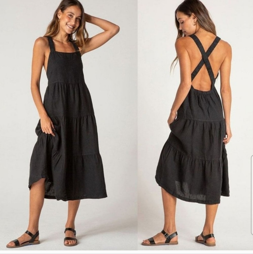 BELLA DAHL Black Scrunch Strap Tiered Midi Dress Sz S